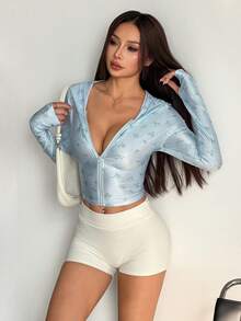 valorelle valorelle Teen Girl Printed Pattern Zipper Hooded Short Sweatshirt, Sporty, Casual, For Going Out - Baby Blue - View 5