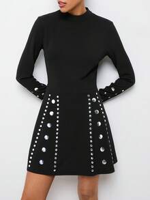 Maija Vestido mini de cuello alto de manga corta - Negro - Ver 2