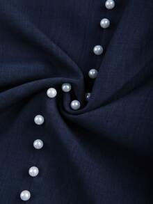 Franclia Plus Size Women's Pearl Embellished Straight Wide Leg Pants,Elegant Navy Blue Linen-Like Textured Fabric For Autumn Tea Party Commute Formal Daily - Navy Blue - View 7