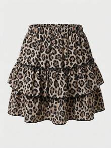 INAWLY 2026春夏新款豹纹荷叶边休闲半身裙 - 棕色 - 查看 2