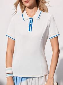 Gameset SHEIN Sport 女士撞色条纹印花短袖运动Polo衫，夏季 - 白色 - 查看 3