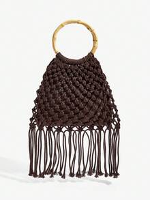 SHECARRY 女士手提包，时尚、优雅、简约、个性化、百搭、手工钩编、流苏，适合海滩、度假、假日、夏季、海边等场合。 - 巧克力棕 - 查看 2