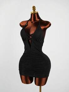 SaltGleam SaltGleam Đầm ôm sát gợi cảm hở lưng, buộc dây phía trước dành cho nữ, màu trơn tối giản, thích hợp cho kỳ nghỉ biển. - màu đen - Xem 4