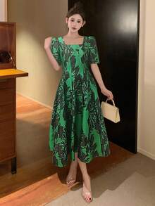 DAZY Floral Print Petal Sleeve Midi Dress For Women Sundress Summer - Green - View 3