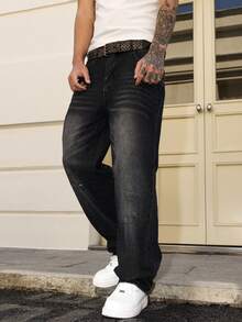 Manfinity Hypemode Quần jeans nam ống rộng màu đen xám bạc, kiểu dáng thường ngày, phù hợp cho mọi mùa. - màu đen - Xem 2