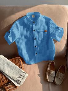 SHEIN 1pc Young Boys' Casual Collegiate Comfortable Linen Mandarin Collar Patch Pocket All-Match Versatile Shirt,Kids - Blue - View 3