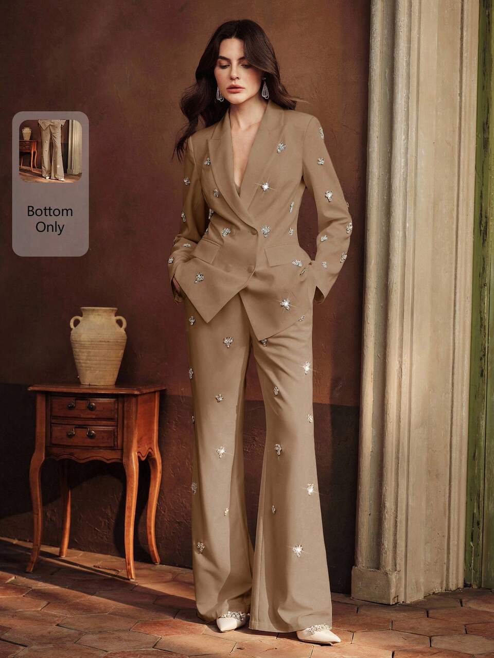 Anewsta Women's Fashion Minimalist Luxury Heavily Embellished Slim-Fit Flared Dress Pants,Khaki,Autumn,Elegant,Party,Formal Wear,Work,Festival,