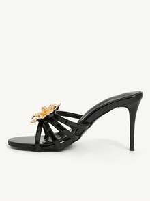 CUCCOO CHICEST 黑色细高跟凉鞋，饰有金色金属3D花朵，性感露趾女鞋 - 黑色 - 查看 9