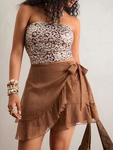 Freevana Chân váy xếp ly buộc dây màu trơn cỡ lớn kiểu dáng thường ngày - Cà phê nâu - Xem 3