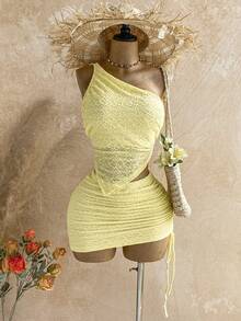 Soleia Conjunto de top camisola asimétrico de cuello de halter y textura de punto cruzada + falda ajustado de cintura con cordón y textura de punto para vacaciones - Mostaza Amarilla - Ver 1