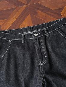 StoneGrade 男士字母印花口袋宽松阔腿休闲牛仔裤 - 黑色 - 查看 3