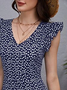 SHEIN Clasi 女士休闲碎花荷叶边连衣裙，夏季 - 藏蓝色 - 查看 6