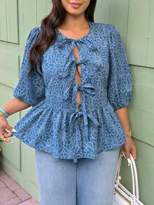 Vionelle 大码春夏系带休闲度假优雅衬衫 - 藍色 - 查看 6