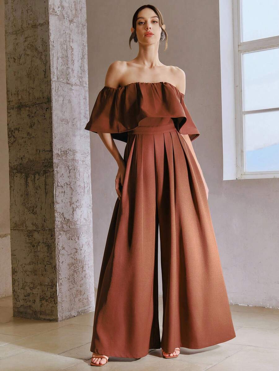 Anewsta 女士休闲度假露肩连体裤阔腿裤，春夏新品 - 咖啡棕 - 查看 1