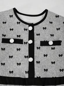 SHEIN 1件少女新款蓝色拼接白色腰部半开领褶裥下摆圆领短袖连衣裙，简约百搭甜美度假及休闲通勤优雅连衣裙 - 深灰色 - 查看 7