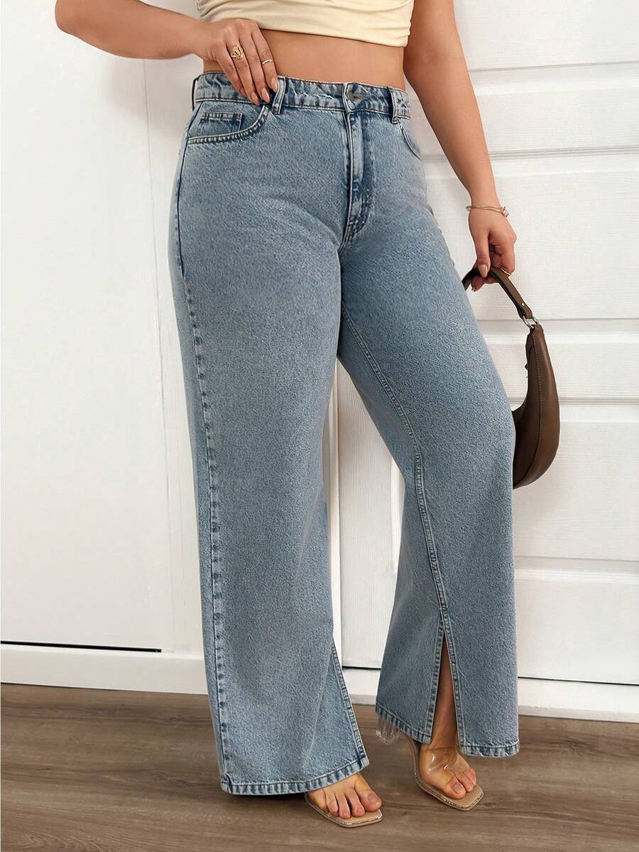 EURMUSE Plus High Waist Light Blue Wash Casual Style Regular Fit Slit Detailed Straight Jean - Light Wash - View 1
