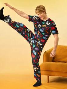 男士电子游戏印花短袖上衣和裤子睡衣套装 - 彩色 - 查看 4