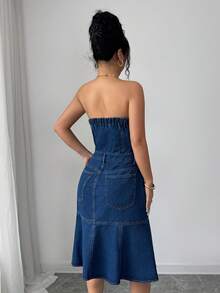 Elenzga Women's Casual Strapless Denim Dress For Summer - Dark Wash - View 2
