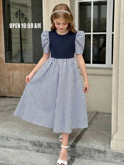 SHEIN 少女撞色蝴蝶结装饰无袖方领A字碎花连衣裙