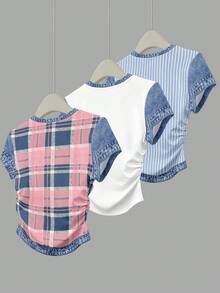 Set de 3 blusas de mujer con estampado de rayas, cuadros y gráficos, de manga corta y con efecto de cintura ceñida - Multicolor 11 - Ver 11