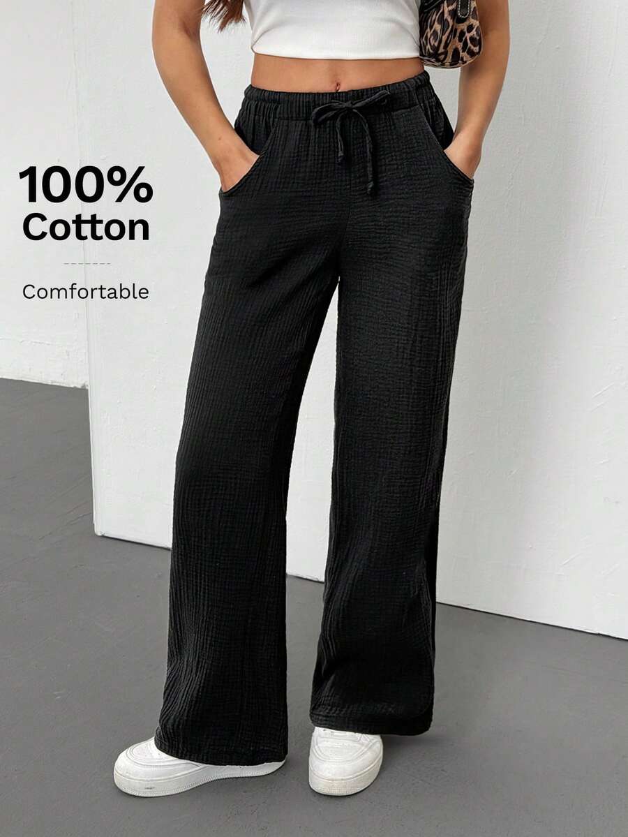 SHEIN Tall Quần ống rộng chất liệu 100% cotton, kiểu dáng thoải mái, đa năng, có túi, phù hợp cho mùa thu/đông và xuân/hè. - màu đen - Xem 1