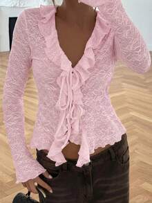 Glamine Cardigan tricoté fin avec décolleté plongeant, volants et nœud devant, couleur abricot, convient pour le port quotidien à la maison - Rose bonbon - Voir 7