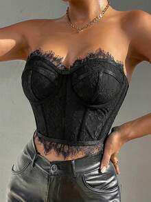 Allurite Women's Black Lace Patchwork Corset Tube Top With Bra,Elegant Summer Night Club Strapless Versatile Tops - Black - View 5