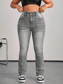 Plus Size Women Slim Fit Flare Leg Casual Versatile Jeans - Grey - View 1