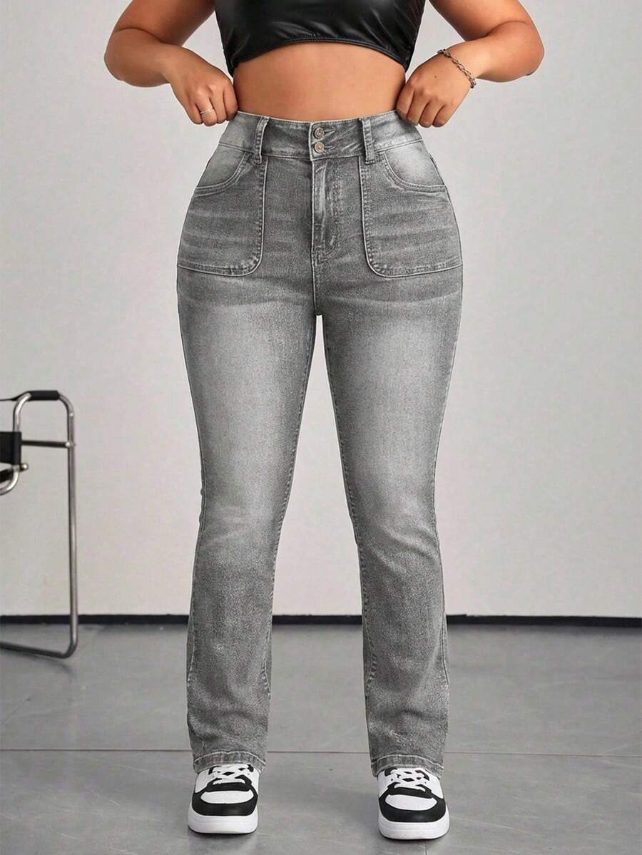 Plus Size Women Slim Fit Flare Leg Casual Versatile Jeans - Grey - View 1