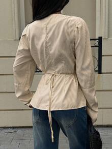 Siren Gaze Áo kiểu nữ mùa thu/đông mới, kẻ sọc, eo lệch vạt. - Màu be - Xem 2