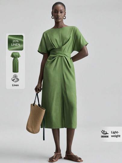 Ontre Women's Green Comfortable Breathable Linen Fitted Shoulder-Tied Short Sleeve Dress, Elegant Wedding Guest Outfit, Minimalist Romantic French Chic Luxurious Urban Fashionable Business Casual Office Wear, Low-Key Vintage High-End Commuter Airport Cruise Ship Middle East Festival Essential, High-Quality Versatile Seasonal Wedding Series Dress