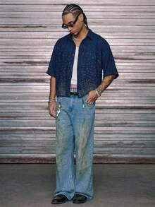 AXEPEAK Áo Polo nam dáng rộng đính đá lấp lánh - Xanh đậm - Xem 4