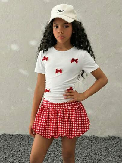 Tween Girls Spring Casual Crew Neck Short Sleeve Bow Top,Basic Knit Stretchy Comfortable Rad Plaid Bubble Skirts