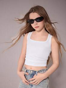 SHEIN 女童休闲吊带背心，夏季上衣，柔软舒适，时尚百搭，适合度假、旅行、校园和日常穿着 - 白色 - 查看 2