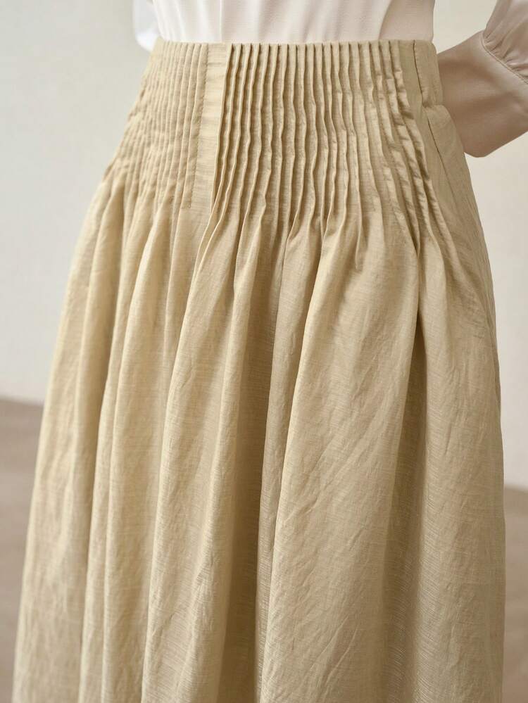 WOMEN'S KHAKI PLEATED MAXI SKIRT WITH VOLUMINOUS HEM