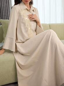 Al Najma Elegant Lapel Applique Loose Flared Long Casual Robe For Women - Apricot - View 1