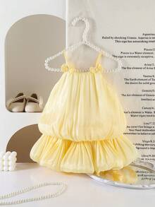 SHEIN Gaun Tanpa Lengan Motif Bunga Warna Kuning Pucat Lucu untuk Bayi Perempuan Musim Panas, Gaun Pesta Elegan Mengembang dengan Pita dan Hem Berumbai untuk Liburan - Kuning - View 7