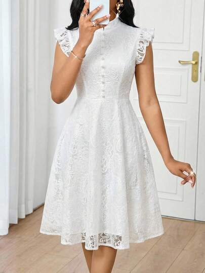 SHEIN Lady Women's Solid Color Lace Patchwork Ruffle Hem Elegant Mid-Length Dress