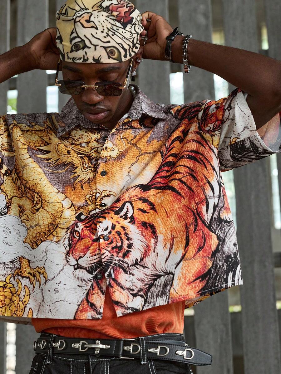 NEON BLANC Camisa casual de manga corta con botones y estampado de tigre y dragón para hombres - Rojo - Ver 1