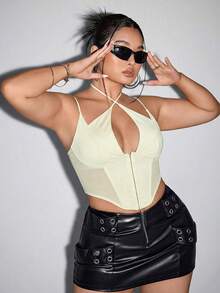 SHEIN ICON 黑色钩扣网眼拼接露脐吊带背心式紧身胸衣 - 杏色 - 查看 4