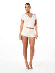 BABYPHAT SDBP579 - FOLD OVER WAIST BOOTY SHORT IN RIB WITH GLITTER PRINT - White - View 3