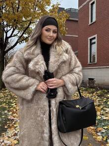 FLORETTA ÉLENA 长款仿毛领大衣，秋冬人造毛皮夹克 - 米色 - 查看 2