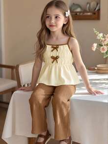 2件套女童休闲甜美可爱纹理泡泡褶皱面料吊带背心+宽松阔腿裤套装，适合日常、度假、外出、姐妹街拍、春夏穿着 - 杏色 - 查看 3