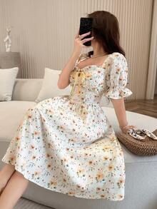 Feyla 女士优雅小碎花荷叶边花瓣袖连衣裙，夏季 - 彩色 - 查看 2