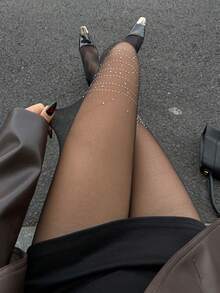 DAZY Bodystocking elástico y transparente con tachuelas de diamante de imitación para mujer - Negro - Ver 6