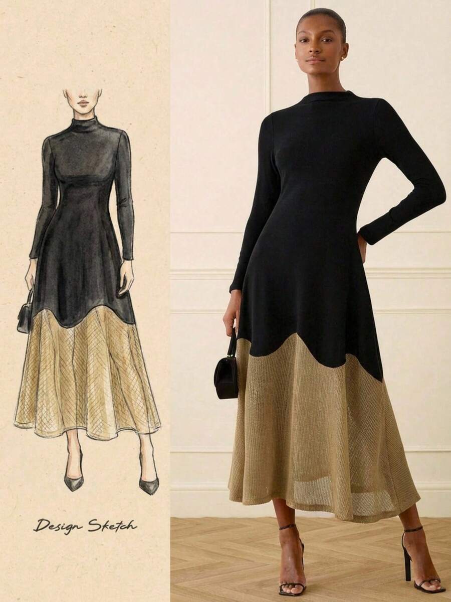 Lilora Đầm dài nữ thanh lịch phối màu, cổ cao, thắt eo, thích hợp cho mùa xuân/thu. - Nhiều màu - Xem 1