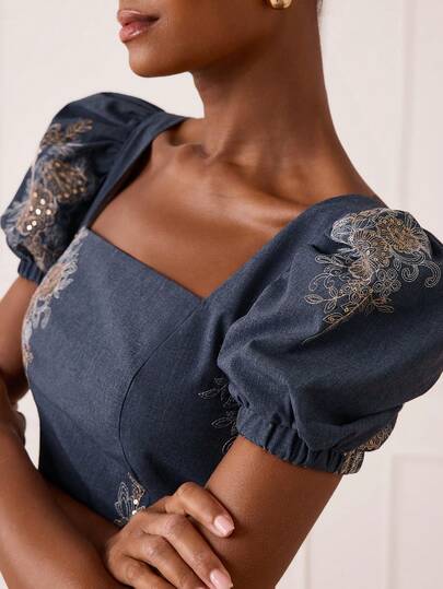 Lilora 女士优雅方领花瓣袖连衣裙