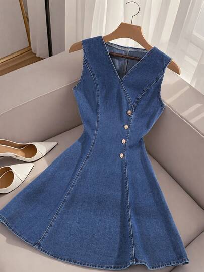 GlowEve Vestido vaquero casual de cuello en V sin mangas con decoración de botones metálicos y cintura ceñida, para vacaciones y uso diario