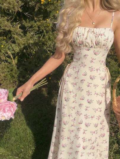 SHEIN MOD Robe longue à imprimé floral avec nœud papillon pour femmes, robe de graduation, robes modestes pour femmes, robes d'été, robe de garden-party pour femmes, robes d'été pour femmes, robes pastel pour femmes