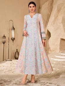 Al Najma Romantic Floral Lace Patchwork Loose Fashionable Dress For Women - Champagne - View 3